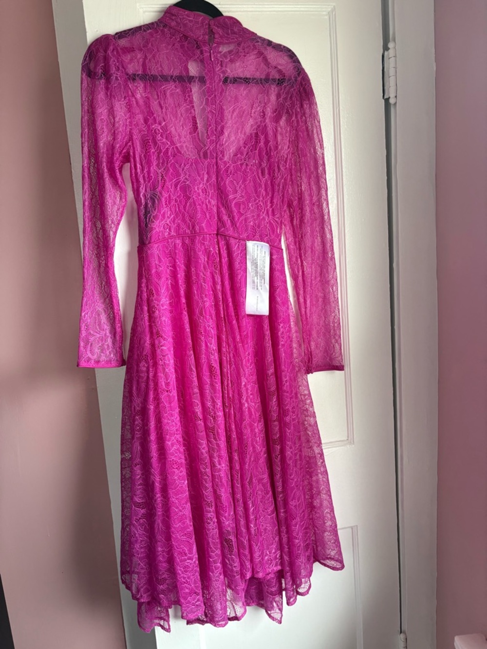 NWT BCBGMAXAZRIA Magenta Pink Lace Cutout Asymmetrical Midi Dress Size 8 - Picture 6 of 8